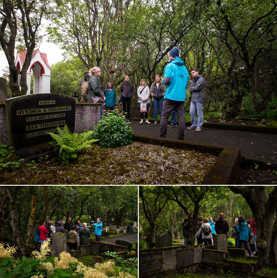 Stefan scaring us with more Icelandic stories in Hólavallagarður cemetery in Reykjavik on the Icelandic Mythical Folklore Walk by Your Friend in Reykjavik