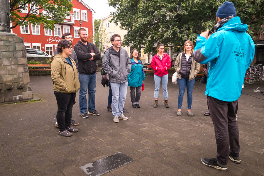 Stefan telling stories at the site of the first church in Iceland on the Icelandic Mythical walk by Your Friend in Reykjavik