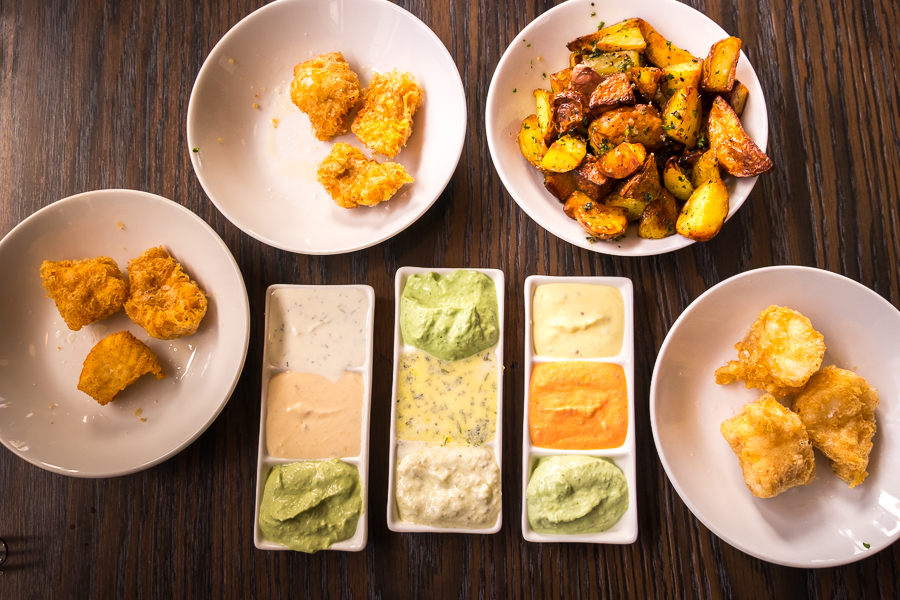 Fish and chips with 9 different sauces