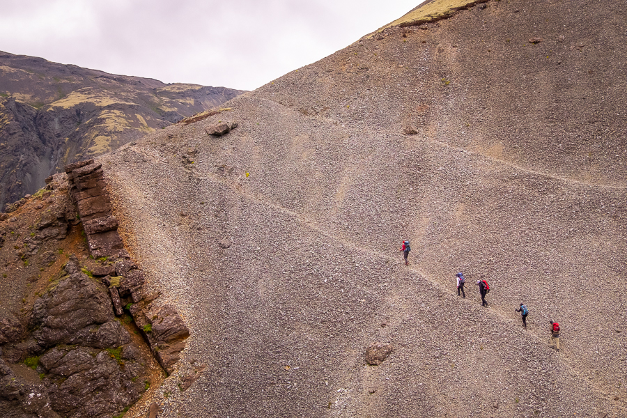 Hiking up scree slopes on Day 4 of Shadow of Vatnajökull trek - East Iceland