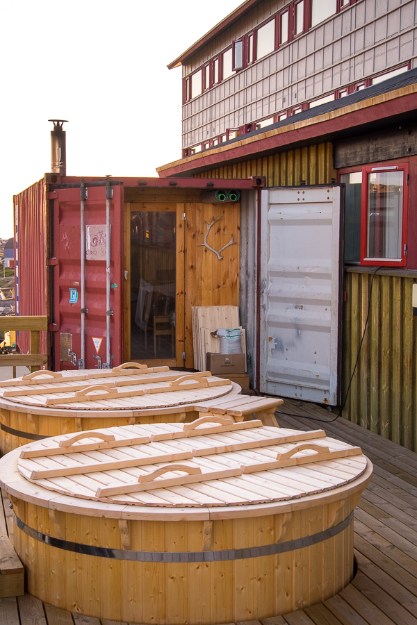 Hot tubs and sauna on the back deck of the Hotel Sisimiut in West Greenland