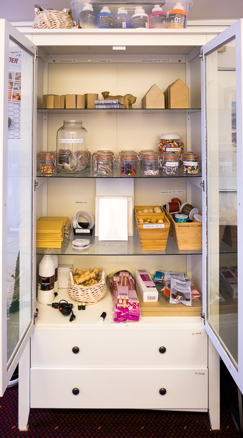 Image of the full cupboard of materials you can choose to work with in the Hotel Sisimiut create your own memories workshop - West Greenland