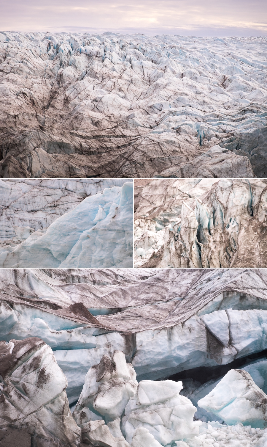 different views of the ice making up the Russell Glacier near Kangerlussuaq in West Greenland