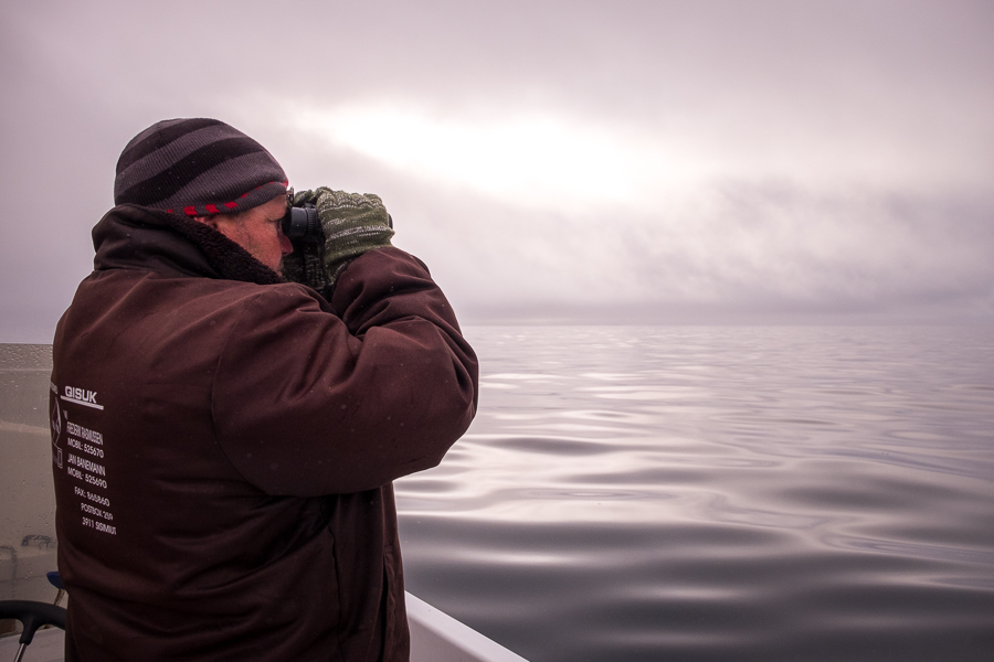 Jan with binoculars scanning the ocean for wildlife from his boat - Sisimiut - West Greenland