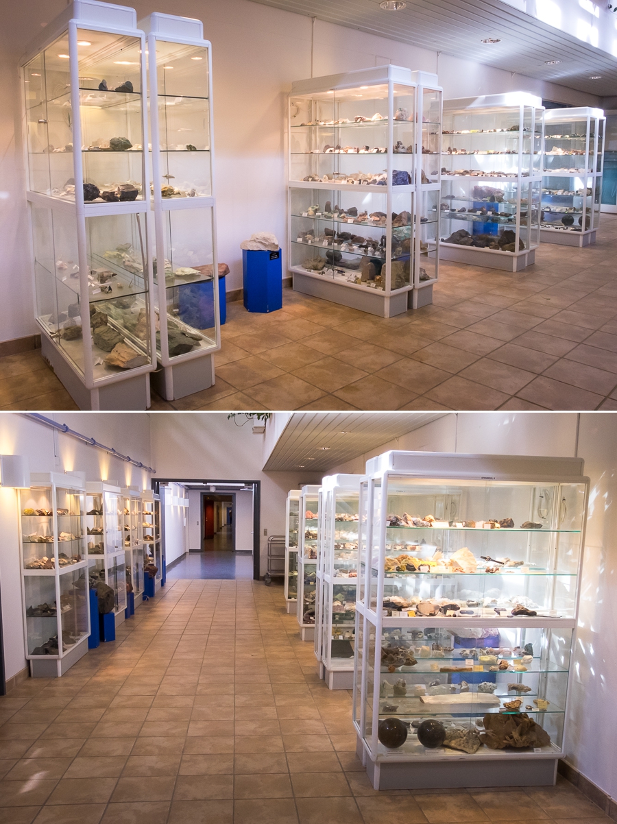 Image of the many display cases at the rock and mineral collection in Sisimiut, West Greenland