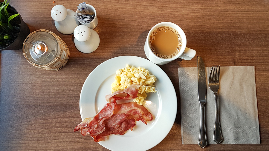 bacon, eggs and coffee for breakfast at the Hotel Sisimiut, West Greenland