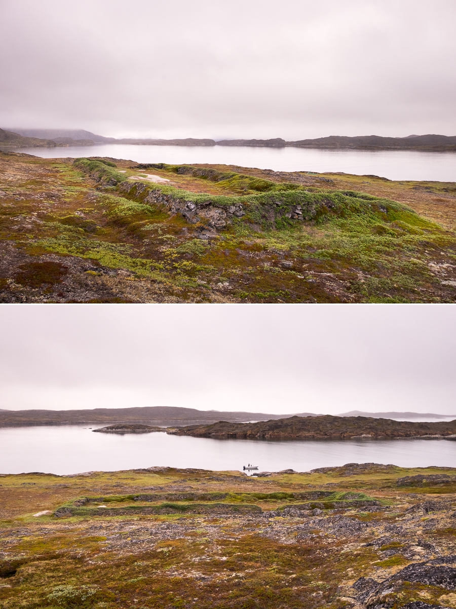 Two views of what remains of the Saqqaq Culture archaeological site on Nipisat Island near Sisimiut, West Greenland
