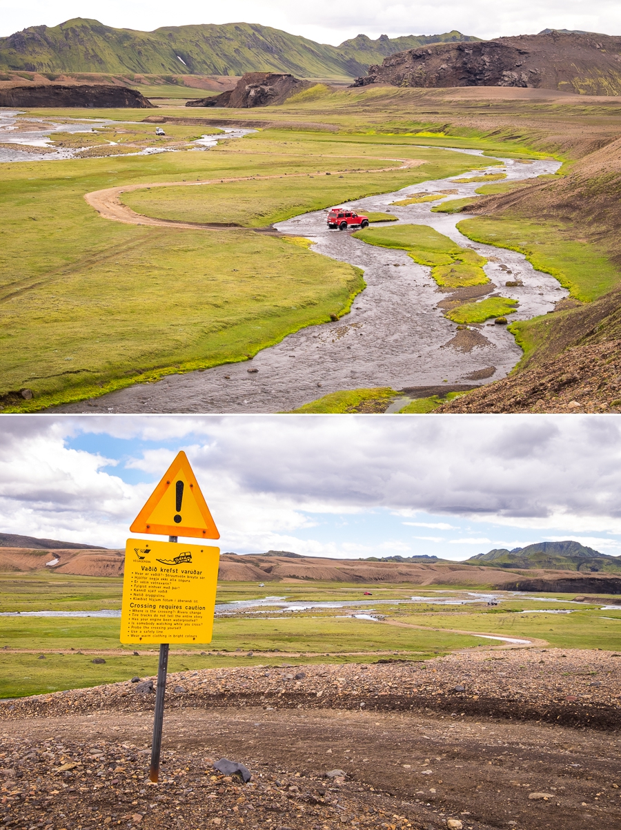 Cars crossing the river and a warning sign - Volcanic Trails - Central Highlands, Iceland