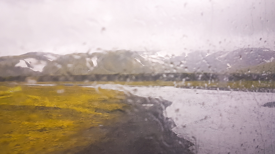 Rain obscuring the view out the window of the public bus to Skaftafell - Iceland highlands