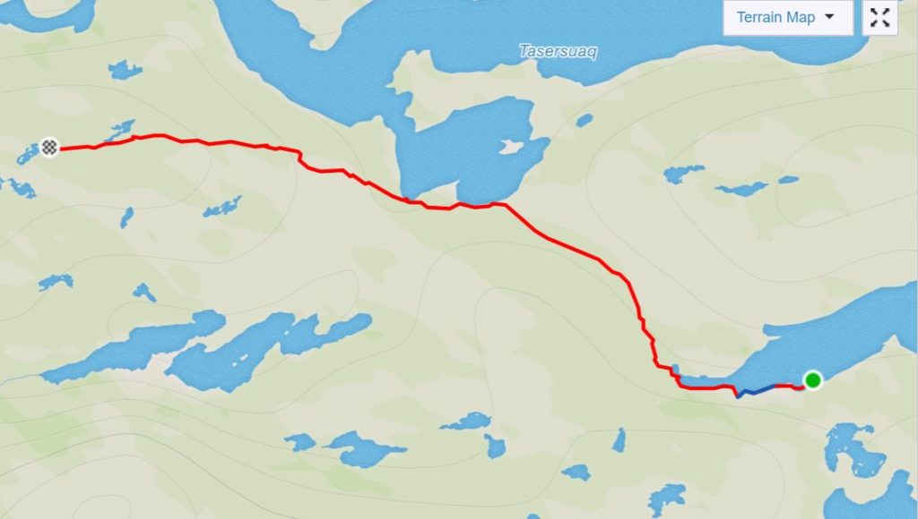 Basic map of the route from the Canoe Center to Ikkattooq Hut on the Arctic Circle Trail, West Greenland- from Strava
