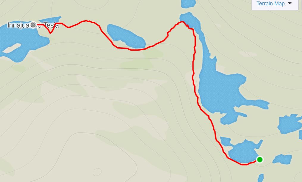 Basic Map of the route from the Eqalugaarniarfik Hut to Innajuattoq II Hut (the Lake House) on the Arctic Circle Trail, West Greenland- from Strava