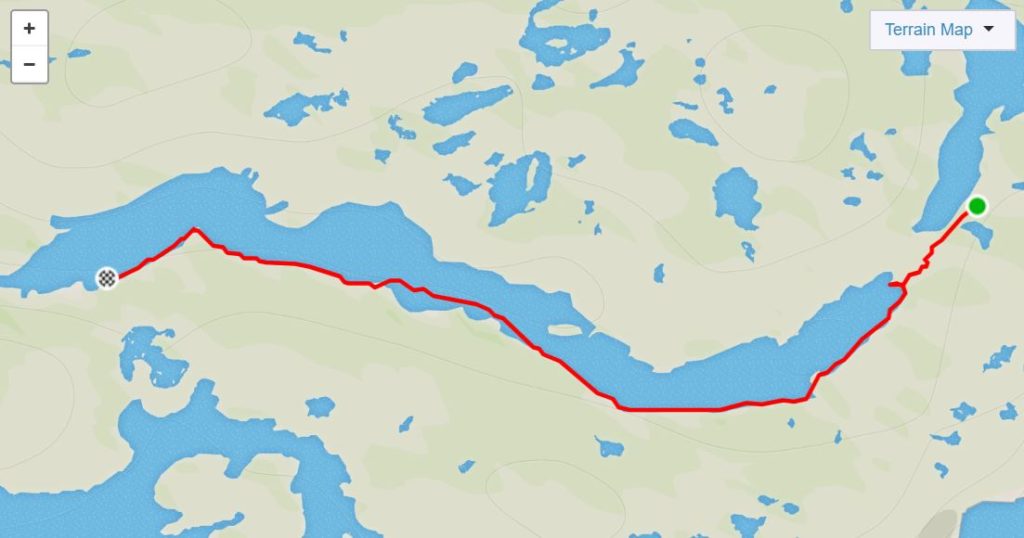 Basic map of the route from the Katiffik Hut along the Arctic Circle Trail to the Canoe Center - from Strava