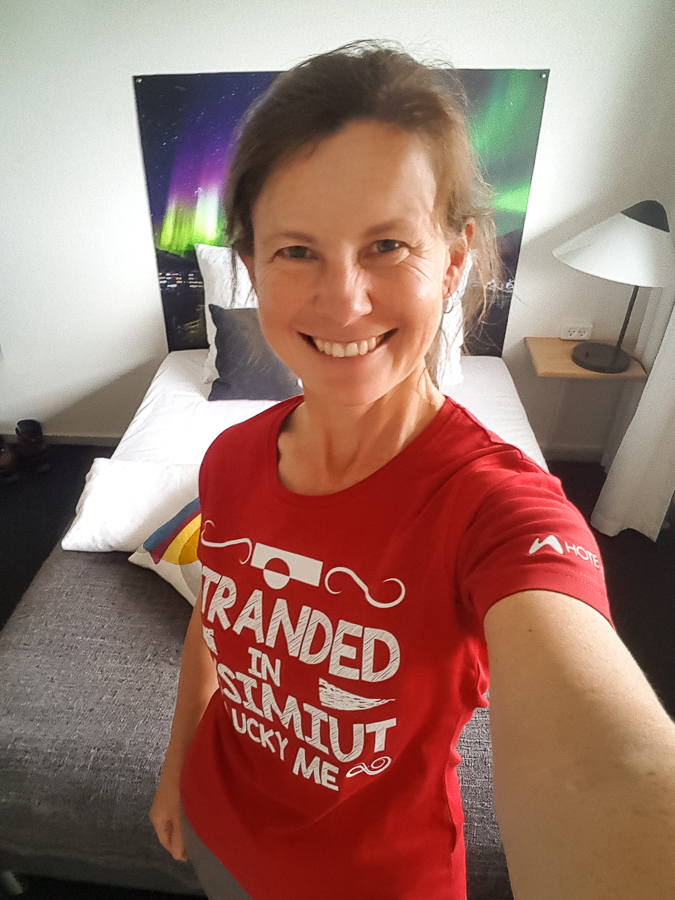 Me wearing my "Stranded in Sisimiut - Lucky Me!" t-shirt at the Hotel Sisimiut - West Greenland