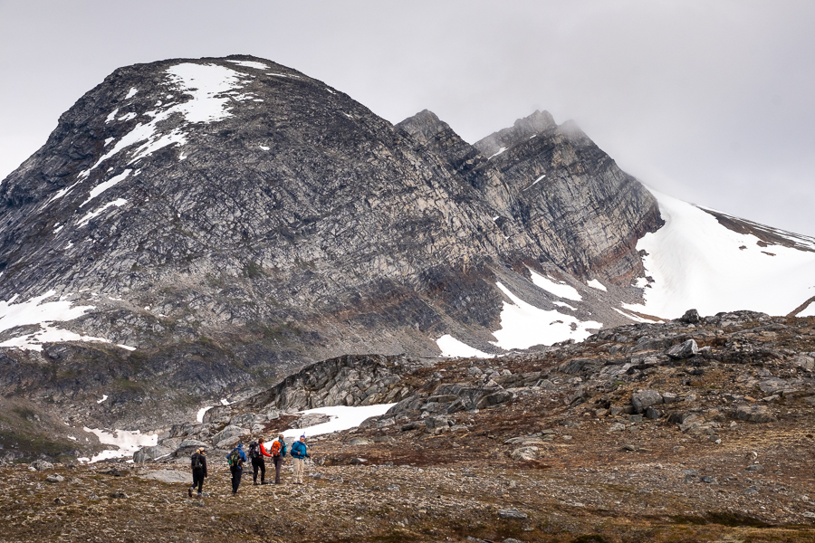 Start of the hike to the cloud shrouded top of Mt Kuummiut - East Greenland