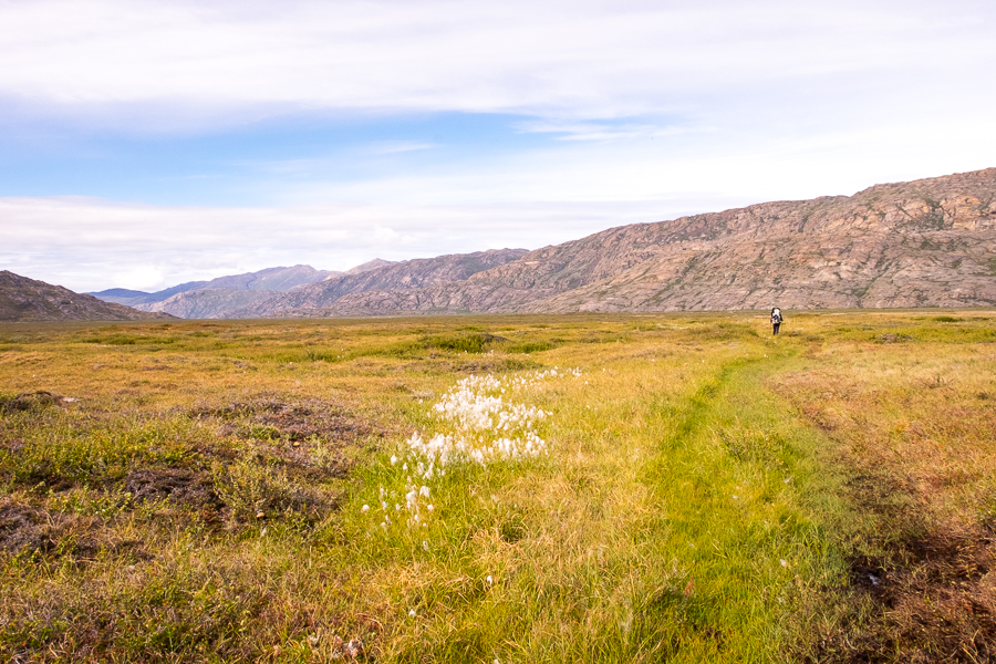 Tyson hiking across the floor of Ole's Lakseelv (Itinneq) Valley - Arctic Circle Trail - West Greenland