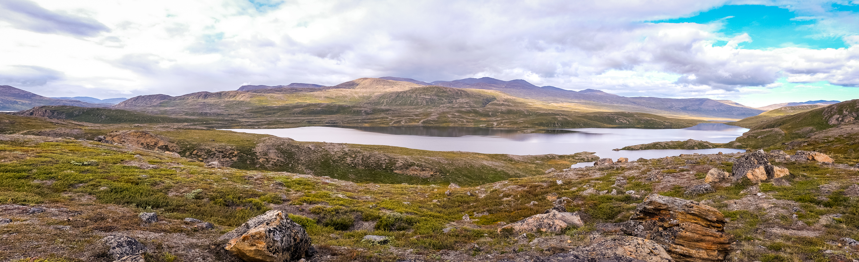 Panorama of the lake at the base of the Taseeqqap Saqqaa range - Arctic Circle Trail - West Greenland