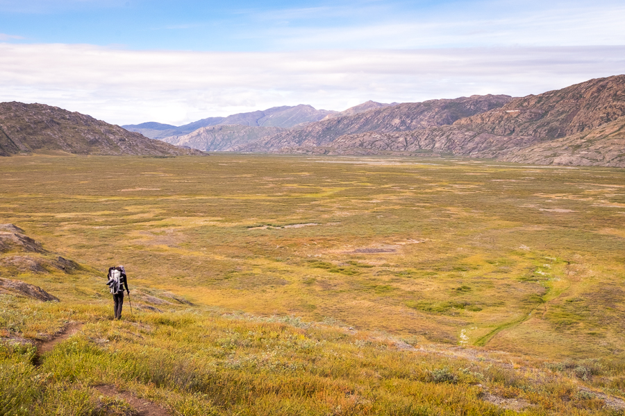 Tyson descending into Ole's Lakseelv (Itinneq) Valley - Arctic Circle Trail - West Greenland