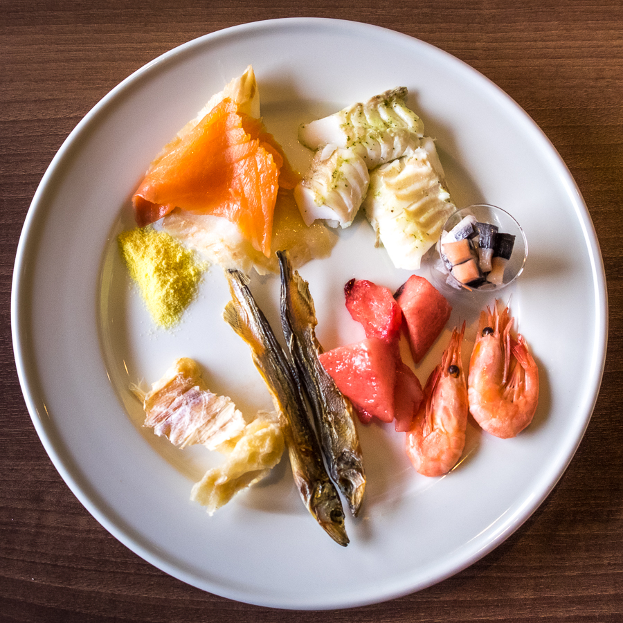 My plate with the different seafoods on offer at the Greenlandic Buffet at the Hotel Sisimiut, West Greenland