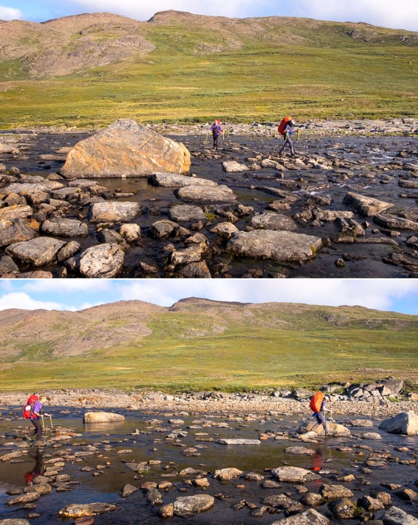 Hikers crossing the river near Innajuattoq II Hut - Arctic Circle Trail - West Greenland