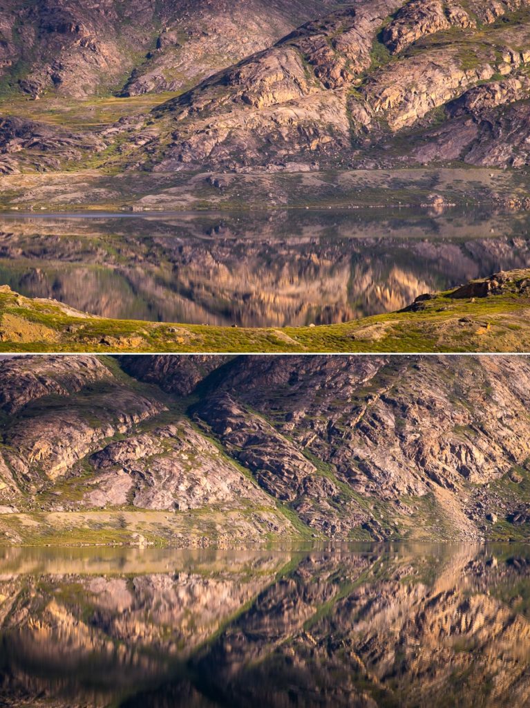 Mirror reflections of mountain detail - Arctic Circle Trail - West Greenland