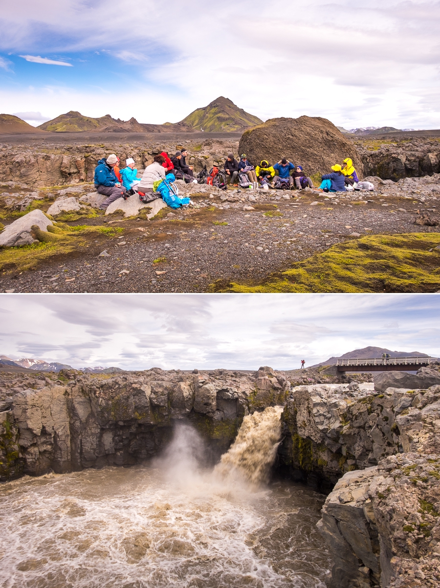 Lunch beside an impressive waterfall on Day 3 - Laugavegur Trail - Icelandic Highlands