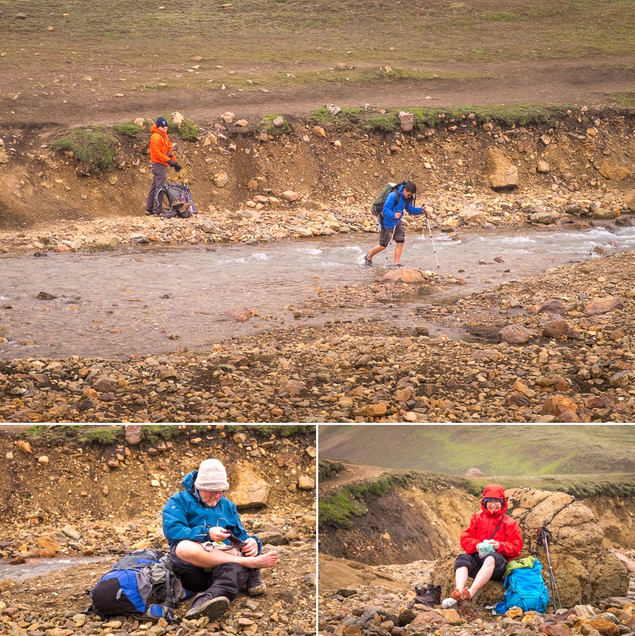 River crossing and changing shoes - Laugavegur Trail - Icelandic Highlands