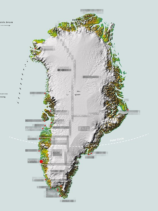 Map of Greenland showing the delineation between North, East, West and South