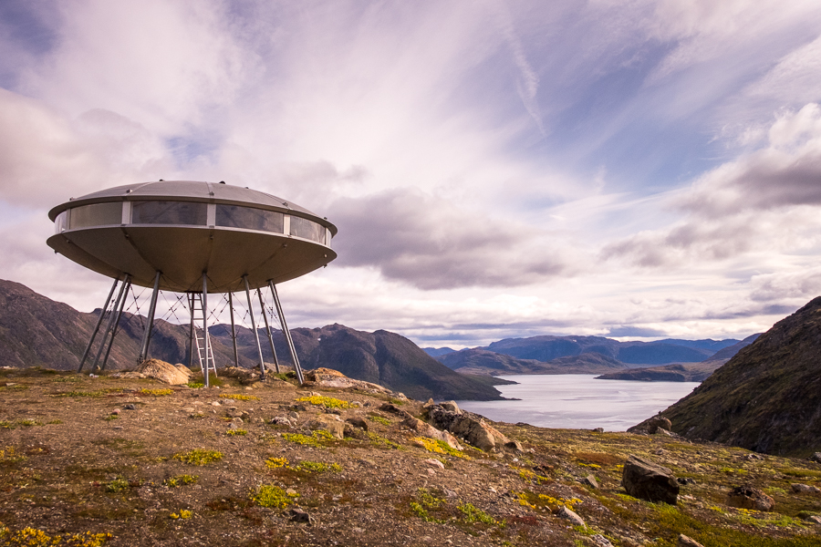 View of the UFO Hut overlooking the Kangerlusarsuk Fjord -  Sisimiut UFO hike - West Greenland