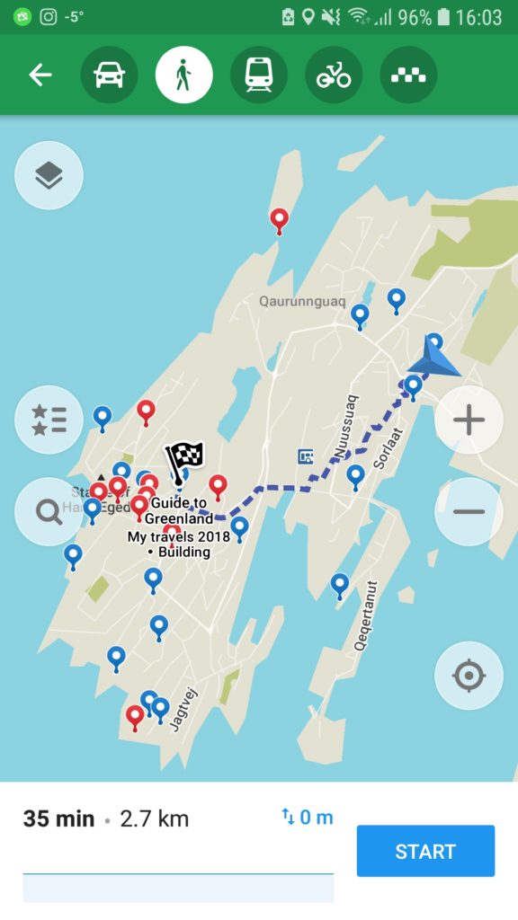 Maps.Me screenshot showing the walking route from my apartment into Nuuk