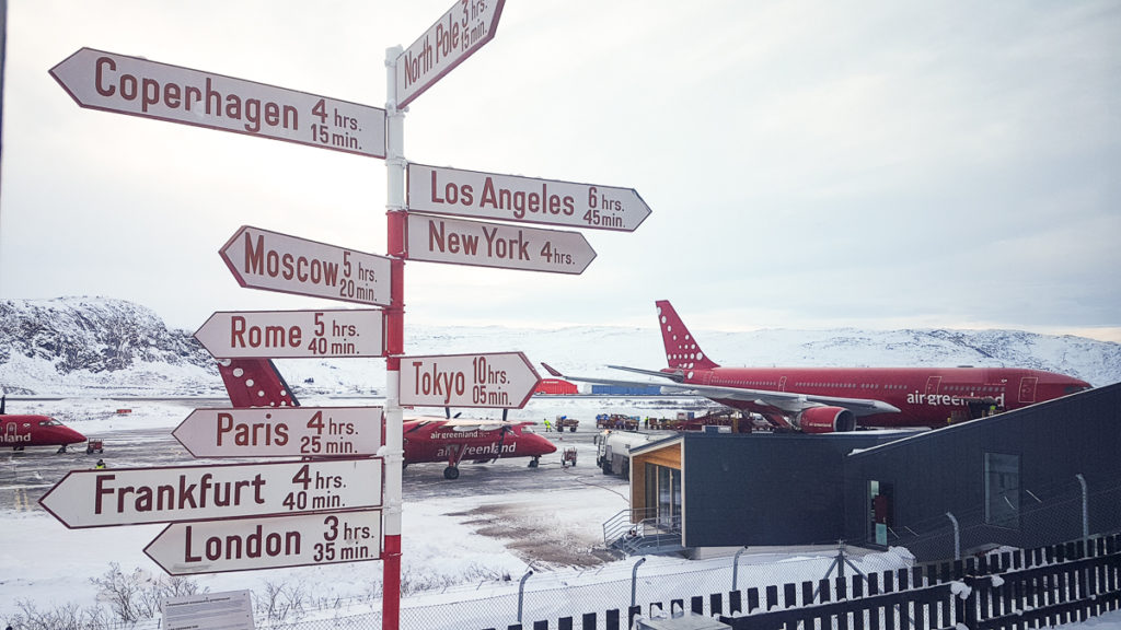 Kangerlussuaq Airports famous sign with distances to destinations - West Greenland