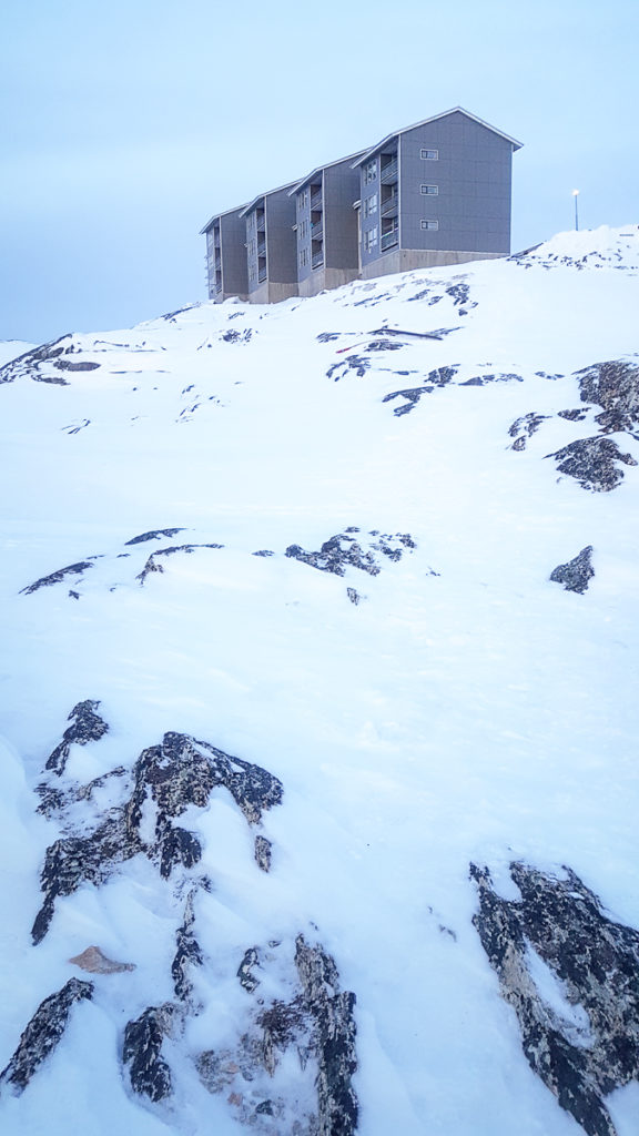 Looking up at my apartment from the bottom of the snowy hill - Nuuk - Greenland