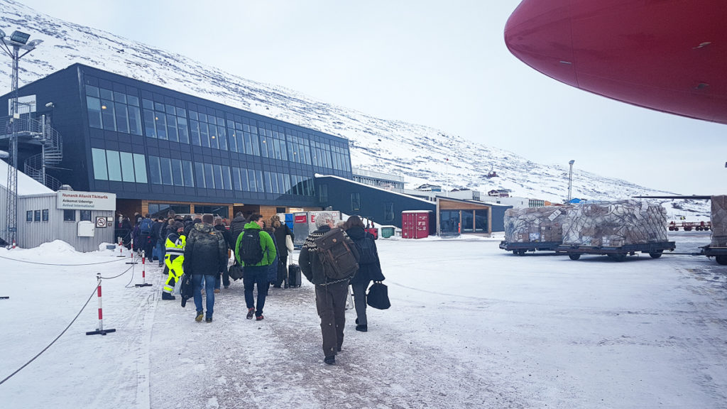 Passengers from Norsaq heading into the Kangerlussaq airport terminal - west Greenland