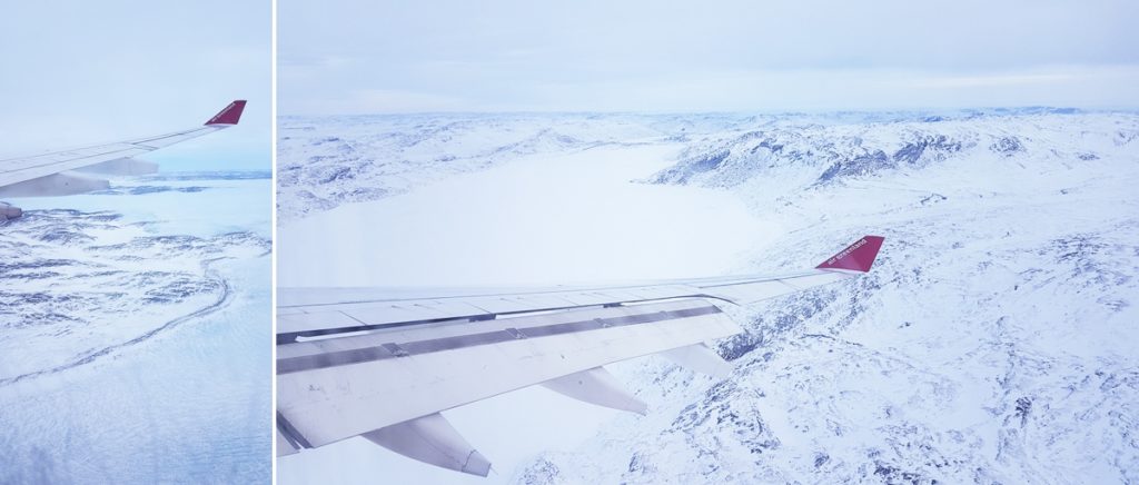 Images of approaching Kangerlussuaq out of the window of the plane