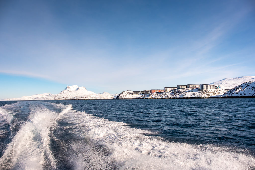 Nuuk, the wash of the boat and Sermitsiaq in the background, West Greenland