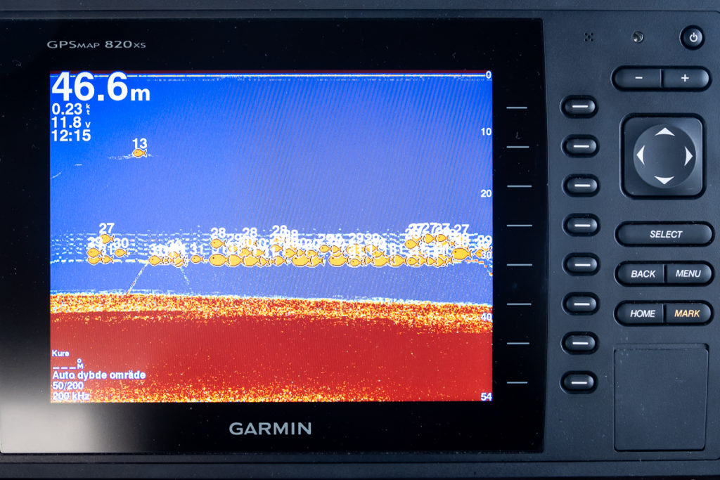 Fish finder showing lots of fish, on the Nuuk Fjord Safari, West Greenland