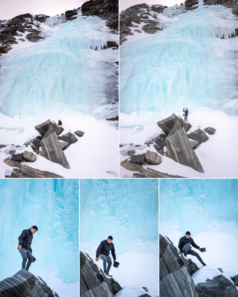 Images of Sebastian collecting ice from the base of Sermitsiaq's frozen waterfall - Nuuk, West Greenland