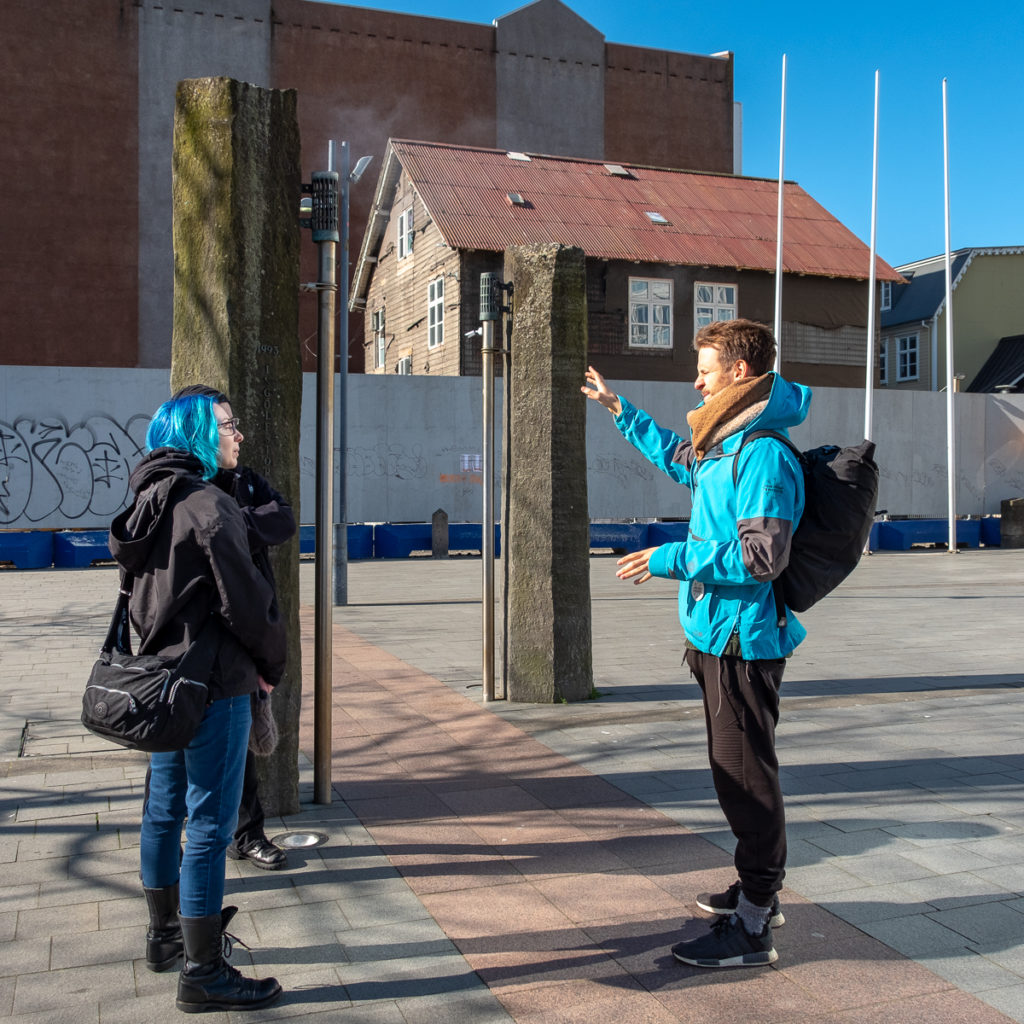 Walking with a Viking in Ingolfstorg Square, Reykjavik