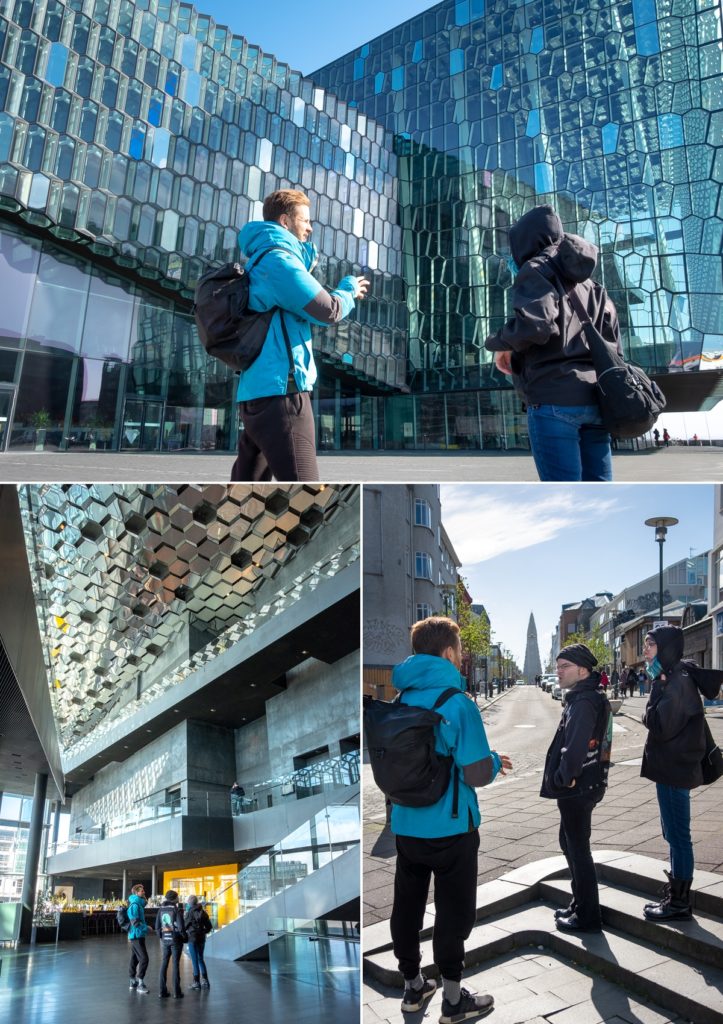 Basaltic columnar jointing motif at Harpa concert centre and Hallgrímskirkja - Reykjavik, Iceland