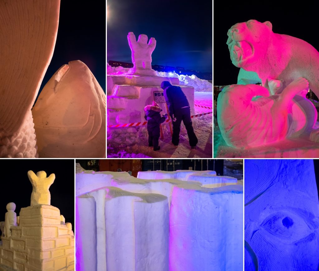 Montage of the different sculptures lit up at the Nuuk Snow Festival - West Greenland