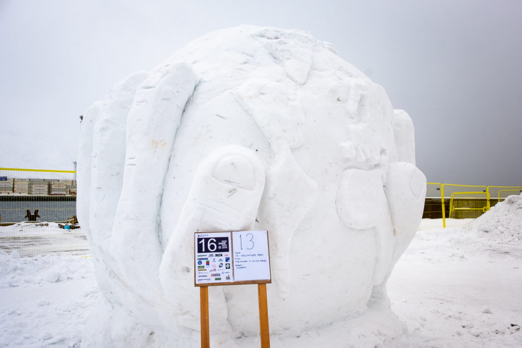 Embrace the world sculpture at the 2019 Nuuk Snow Festival - West Greenland