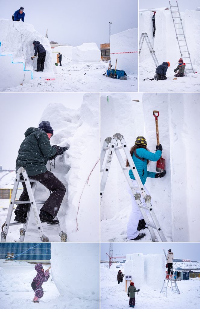 Montage of people working on their sculptures at the end of day 1 of the Nuuk Snow Festival - West Greenland