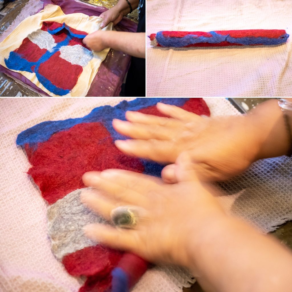 rolling the felt to make it shrink - felt workshop - Bishkek