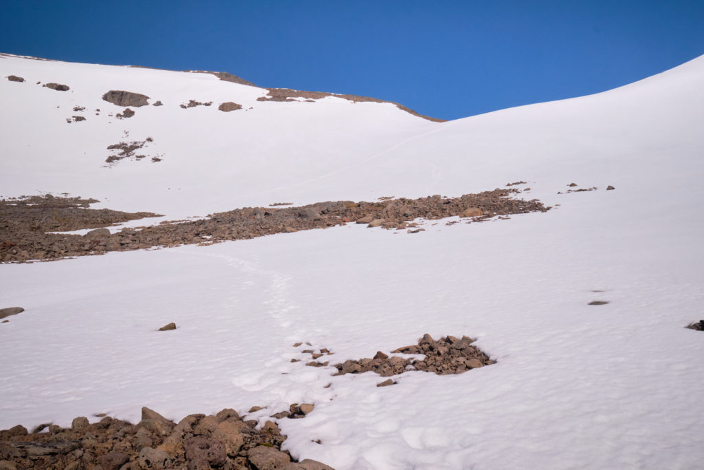 View of bootprints in the snow we would have to conquer leading up to Hafnarskard Pass - Hornstrandir - Iceland