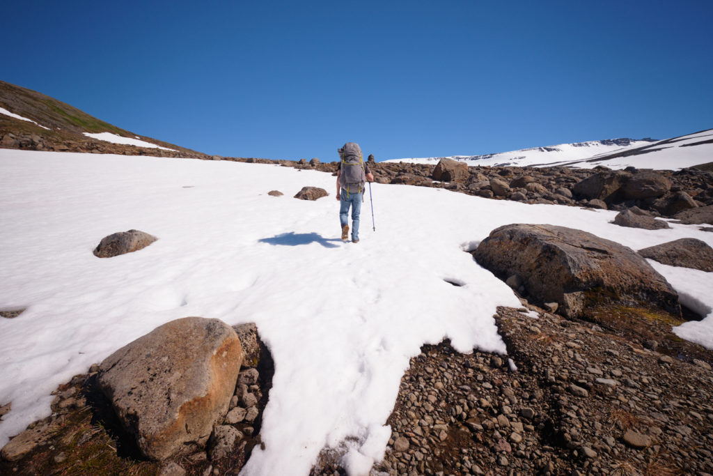 Following other people's bootprints in snow drifts - Hornstrandir - Iceland