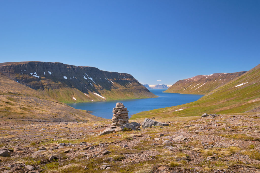 Cairn and view back down to Veiðileysufjörður - Hornstrandir - Iceland