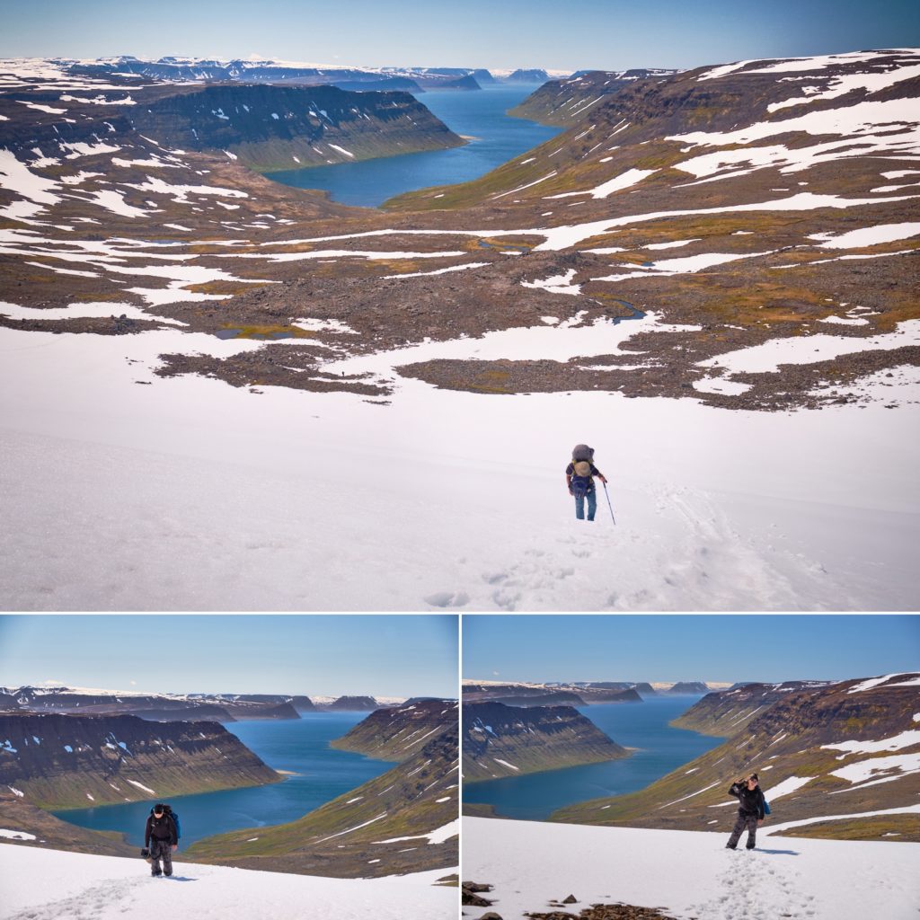 Trekking companions making their way up to Hafnarskard pass through the snow - Hornstrandir - Iceland