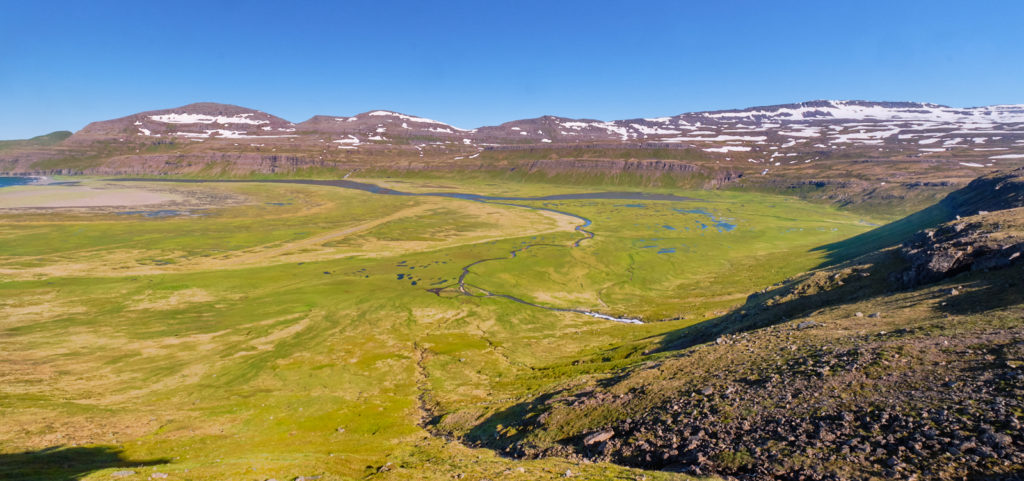 Amazing view of the bright green  river delta at Hornvík - Hornstrandir - Iceland