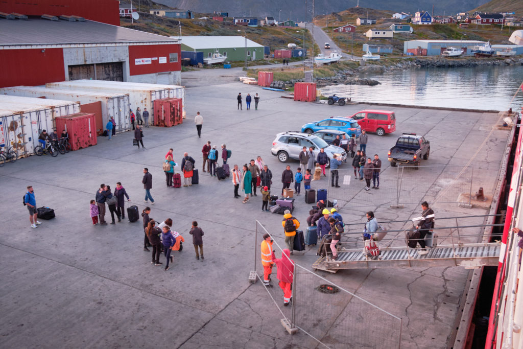 Unloading passengers at the dock in Narsaq - Sarfaq Ittuk ferry - West Greenland