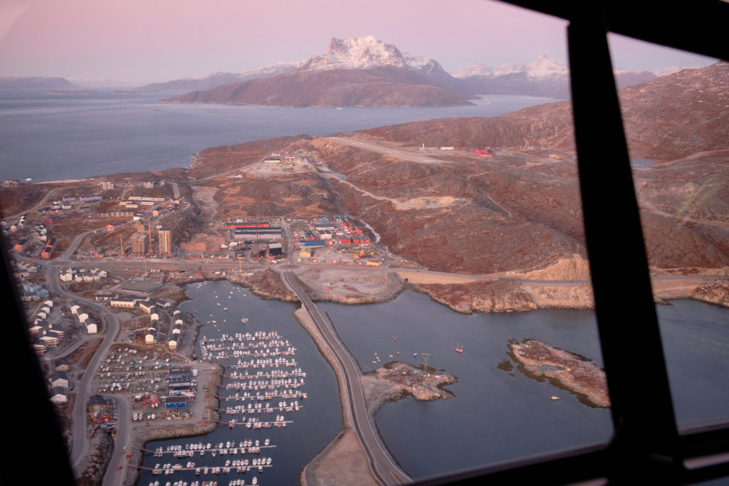 view of private harbour, airport and sermitsiaq from helicopter - Nuuk - West Greenland