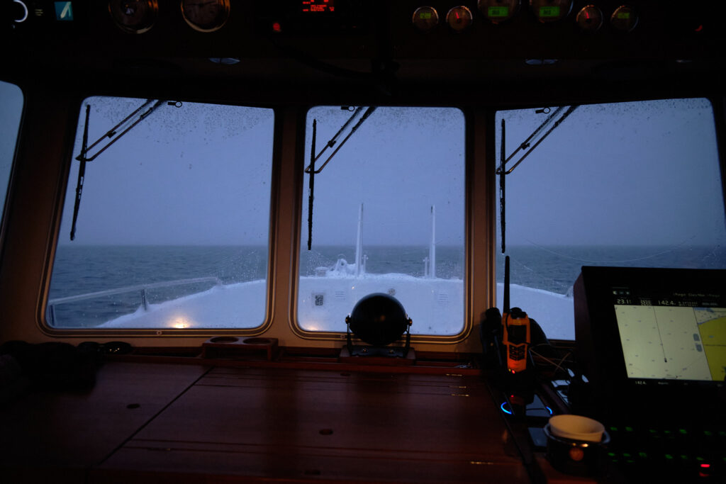 View out of the cabin windscreen on our way to the Nordafar Abandoned Settlement near Nuuk